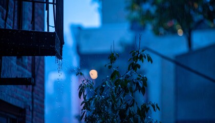 Rain cascading off the edge of a rusted fire escape in moody blue twilight