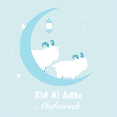 Eid al-Adha Vector Illustration with Goat, Crescent Moon, and Islamic Lantern