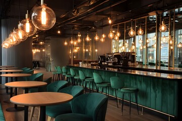 Elevate Your Caf&eacute; Experience with Sleek Lounge Design Featuring Mirrored Tablet Tables and Comfortable Seating