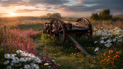 Bring Elegance to Decor with an Antique Wooden Cart Resting on a Lush Grassy Meadow