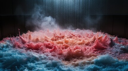 Vibrant water splashes in shades of pink and blue create a dynamic, artistic scene, illuminated by a cascading waterfall.