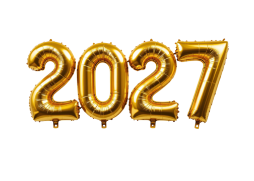 Golden foil balloons forming the number 2027 isolated on transparent background, New Year, Future, Celebration.