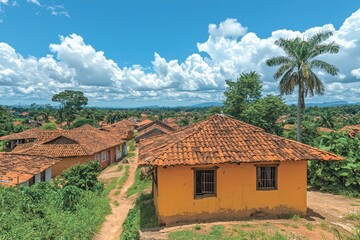 Sunny village scene with terracotta roofs, lush vegetation, and a distant mountain view under a vibrant sky