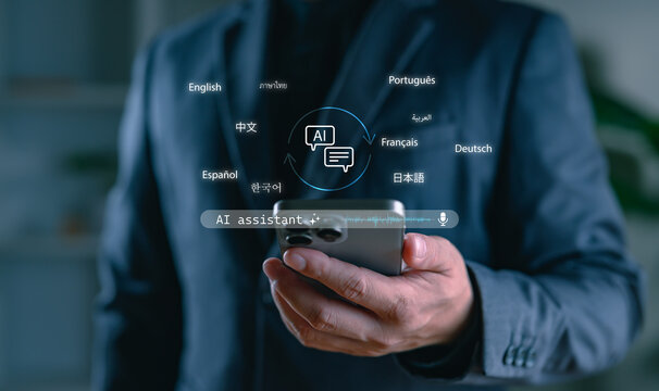 AI voice assistant with multilingual translation feature on smartphone, symbolizing smart technology, language learning, global communication, and artificial intelligence innovation.