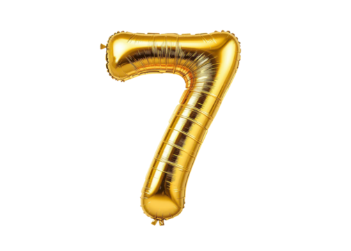 Shiny golden number 7 foil balloon isolated on transparent background, concept celebration, birthday, anniversary.