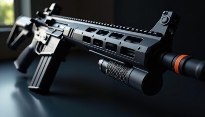 Close-up of a modern assault rifle, showing intricate details of its construction , firearm, firearm parts