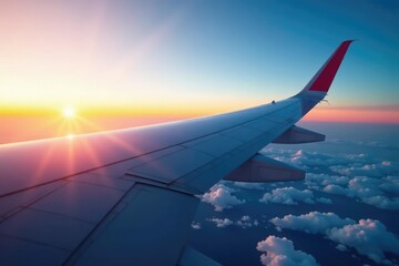 Fototapeta premium Close-up of an airplane wing in flight, showcasing intricate details and aerodynamic design , technology, wingspan, close-up