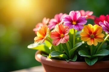 Close-up of colorful flowers blooming in a terracotta flowerpot Sunlight illuminates vibrant petals , light, flowers, blue