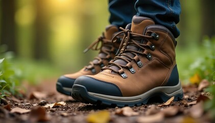 Close-up of sturdy hiking boots, laces tied, ready for adventure , footwear, trail boots