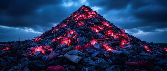A large pyramid of discarded shoes under a dramatic sky, highlighting waste and environmental concerns.