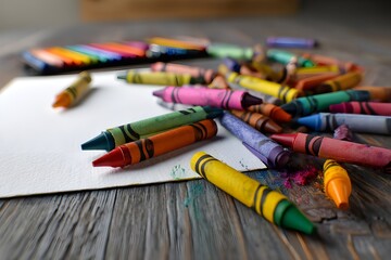 Obraz premium Rainbow of Crayons Scattered on Wooden Desk for Colorful and Creative Studio Scene Full of Artistic Vibes