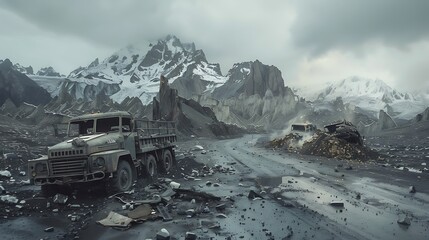 A destroyed convoy of military vehicles on a desolate mountain road.