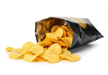 Bag of chips spilling golden crisps onto isolated on white background