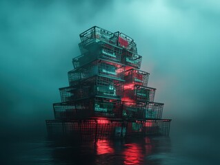 A surreal structure of stacked shopping baskets emerging from a misty, reflective water surface, creating a dreamlike atmosphere.