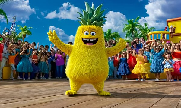 Smiling pineapple creature with raised arms surrounded by cheering kids under blue sky and tropical trees