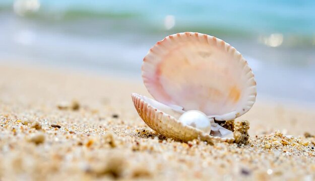 Sea shell with pearl at the summer beach shore