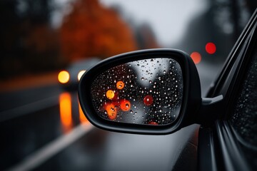 Rainy Drive: Rearview Mirror Reflections