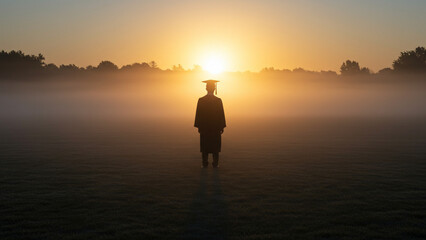 Fototapeta premium Graduate Standing Alone at Sunrise in Field with Fog