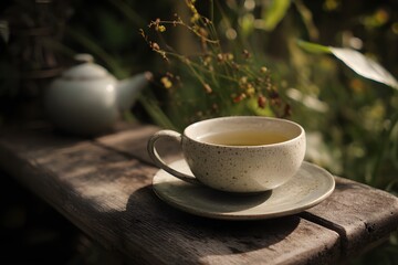 Fototapeta premium Serene morning setup with delicate white tea and tranquil ambiance, setting a peaceful mood