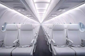 Obraz premium Airplane mockup interior with rows of white seats designed for modern air travel comfort