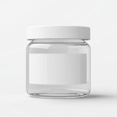 Clear glass jar with white lid and blank label