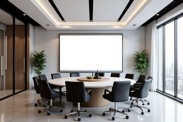Modern conference room interior with blank screen.
