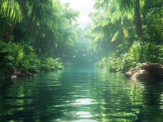 Obraz premium River flows through lush green forest, sunlight piercing through the foliage