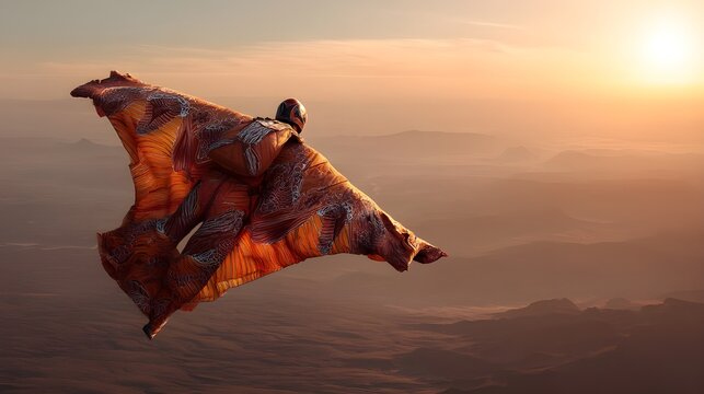 Movie poster of a skydiver in flame-patterned wingsuit leaping into the void with fiery grace