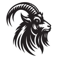 Fierce Tribal Mountain Goat Head Logo in Black and White – Aggressive Ram Horn Design for Sports Teams, Outdoor Apparel, Tattoo Art, and Branding Use.