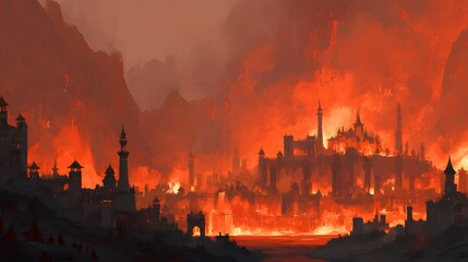 Naklejka premium Kingdom of fire, where the landscape is bathed in the light of eternal flames