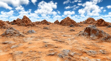 Naklejka premium A vast, arid landscape with rocky outcrops under a vibrant, partly cloudy sky The ground is a dusty orange-red