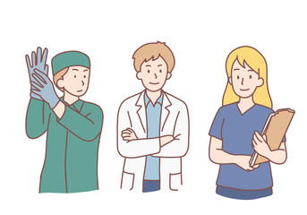Healthcare medicine concept. Group of young smiling doctors  and nurse standing with documents. Hand drawn style vector design illustrations.