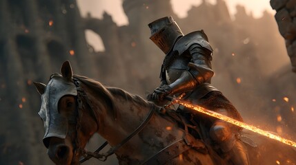 Medieval knight astride a steaming warhorse, sword raised, ready for battle in a dusty field