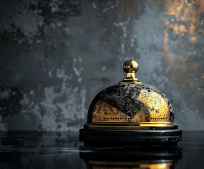 Sophisticated photo of a golden concierge bell on a dark reflective surface with moody lighting. Ideal for editorial, luxury service brands, and promotional materials.