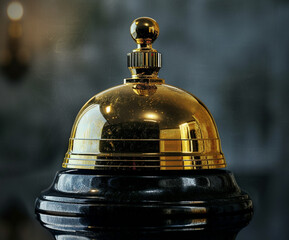Sophisticated photo of a golden concierge bell on a dark reflective surface with moody lighting. Ideal for editorial, luxury service brands, and promotional materials.