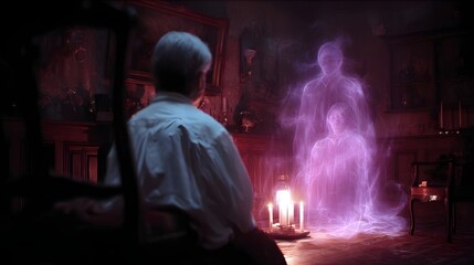 Ethereal spirit medium communes with restless ghosts in haunted mansion poster brimming with chilling suspense