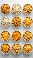 Fototapeta premium Assorted Snacks in Ceramic Bowls – Isolated on White Background