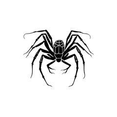 Stylized arachnid illustration in black and white, showcasing intricate leg details