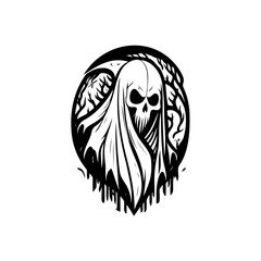 Stylized monochromatic illustration of a spectral figure within an ornate oval frame