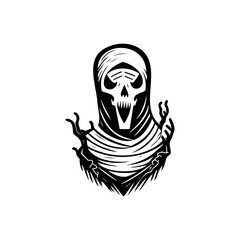 Eerie spectral figure enveloped in dark shroud, a chilling monochrome portrait