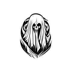 Mysterious skull figure under a draped cloth creating a spooky graphic presence