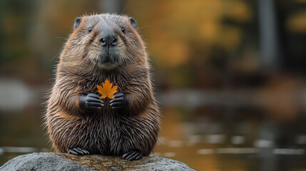 Adorable Canadian Beaver with Maple Leaf – Canada Day Celebration Wildlife

