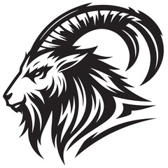 Fierce Tribal Mountain Goat Head Logo in Black and White – Aggressive Ram Horn Design for Sports Teams, Outdoor Apparel, Tattoo Art, and Branding Use.