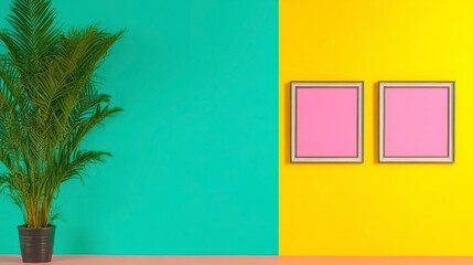 Minimalist Interior  Two Pink Frames  Palm Plant  Teal   Yellow Walls