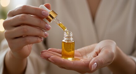 Fototapeta premium Womans Hands Dispensing Golden Elixir with Glass Dropper in a Blurred Spa Macro Shot