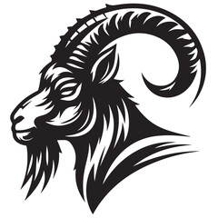 Fierce Tribal Mountain Goat Head Logo in Black and White – Aggressive Ram Horn Design for Sports Teams, Outdoor Apparel, Tattoo Art, and Branding Use.