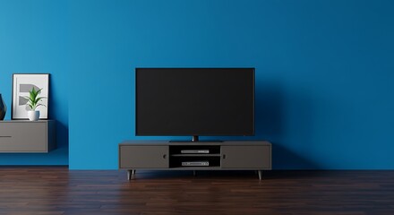 Serene Living Room: Deep Blue Wall, Modern Media Console, and Immersive TV Screen AI Generated