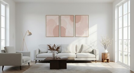 Sunlit Living Room with Abstract Art Prints, 3D Interior Render AI Generated