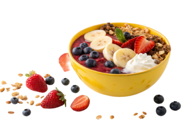 Muesli with fresh berries is a healthy breakfast cereal or meal with fruit like blueberry and raspberry, often enjoyed with milk or yogurt