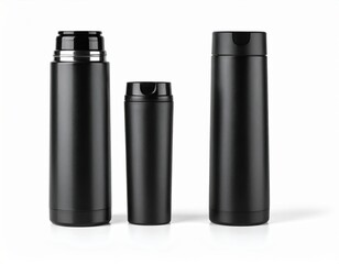 Three Black Stainless Steel Thermoses In Product Shot